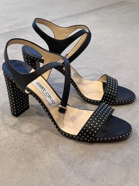 Jimmy Choo NIB Marine 85mm Micro-Studded Leather High Heels in Black Size 38.5